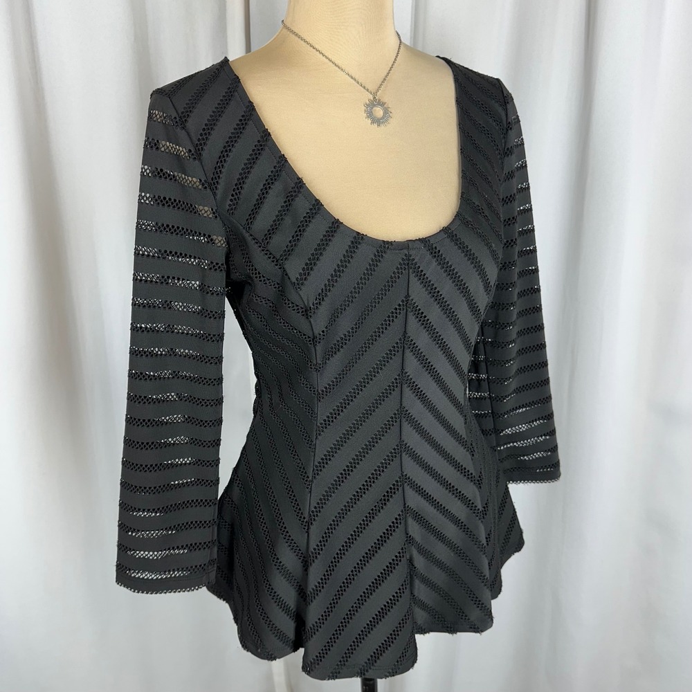 Guess Size M Black Sheer Overlay Striped Long Sleeve Peplum Top